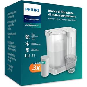 Philips Water Caraffa filtrante Instant (3 L) - 3× filtro Anticalc+ - Riduce calcare e cloro, migliora il gusto delle bevande calde