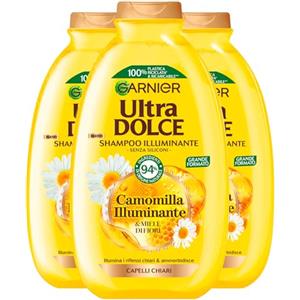 Garnier Ultra Dolce Shampoo Camomilla Illuminante Ammorbidente per Capelli Chiari o Riflessi Chiari con Miele di Fiori Idratante Protettivo Ingredienti 94% di Origine Naturale - 3 Flaconi da 400ml