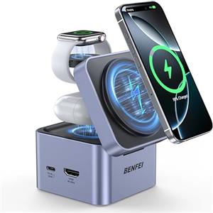 BENFEI Caricabatterie pieghevole 3 in 1 MagSafe con hub USB-C, stazione di ricarica wireless per iPhone 16/15/14/13/12, Apple Watch, AirPods, con supporto HDMI 4K@60Hz, 100W PD e 2 porte USB 3.0 5Gbps