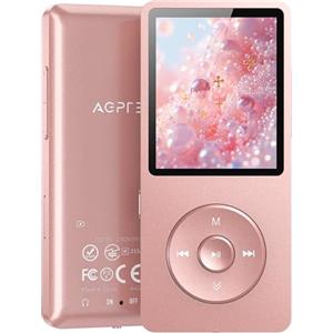 AGPTEK 64GB Lettore MP3 Bluetooth 5.3, AGPTEK MP3 Lettore con Altoparlanti Sportivo, Musicale HiFi Lossless Portatile, Radio FM/Registrazione, (Cuffie Non Incluse), Rosa