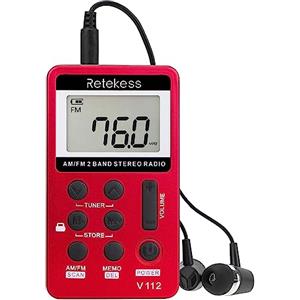 Retekess V112 Mini Radio Portatile,Radio AM FM,Radio Portatile Ricaricabile con Cuffie,a Batteria,per Corsa,Viaggi, Anziani,Pescare (Rosso)