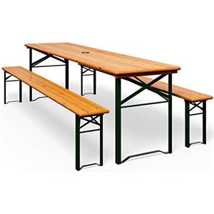Casaria Set da Birreria Pieghevole 170cm Tavolo (170x46x75cm) con Foro Ombrellone 2x Panche in Legno (170x23x46cm) Party Sagra Festa Evento Giardino
