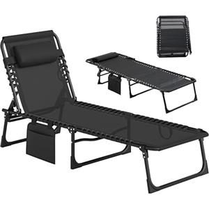 Outsunny Lettino Prendisole Pieghevole con Tasca e Schienale Regolabile su 5 Livelli, Sdraio da Giardino con Seduta Traspirante in Texteline, per Spiaggia Piscina Giardino, 58x189x30cm, Nero