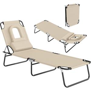 Outsunny Lettino Prendisole Pieghevole con Schienale Reclinabile su 4 Livelli, Sdraio da Giardino con Poggiatesta, Foro per il Viso, in Acciao e Tessuto, per Spiaggia Piscina Giardino, Beige