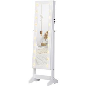 HOMCOM Armadio Portagioielli Portagioie Specchio Regolabile 20 Luci LED, Legno, Bianco, 40x37x146 cm