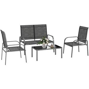 Outsunny Set Salotto da Giardino da 4 Pezzi, con Divanetto da Esterno a 2 Posti con Schienale Regolabile, 2 Sedie e Tavolo da Caffè in Vetro, Set di Mobili Impermeabile in Acciaio e Textilene, Nero