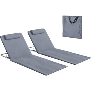Outsunny Set 2 Sdraio da Spiaggia con Schienale Regolabile su 5 Livelli, Poggiatesta e Borsa da Viaggio, Lettini Spiaggia Pieghevoli in Acciaio e PE, 134x48x33-43 cm, Grigio