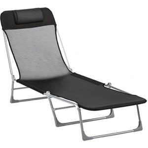 Outsunny Lettino Prendisole Pieghevole con Schienale Reclinabile su 5 Livelli e Poggiatesta, Sdraio da Giardino con Seduta Traspirante in Texteline, per Spiaggia Piscina Giardino, 182x56x28 cm, Nero