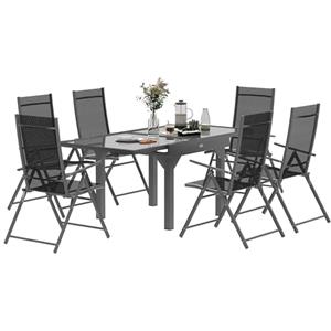 Outsunny Set Tavolo e Sedie da Esterno da 7 Pezzi, Set da Pranzo con Tavolo Allungabile con Piano in Vetro, 6 Sedie da Esterno Pieghevoli con Braccioli, Set di Mobili in Acciaio e Textilene, Grigio
