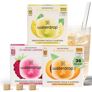 waterdrop MICRODRINK waterdrop® Tè Freddo Zero, Te LIMONE - PESCA - LAMPONE, 36 cubetti per acqua Microdrink, The Freddo senza zucchero Con Vitamina C & B3, Bevanda Analcolica, 36 Bustine - 18 Litri, Ice Tea