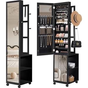 Hzuaneri Armadietto Portagioie con specchio, 8 LED, Multifunzione organizzatore di gioielli con 1 appendiabiti, Armadietto Porta Gioielli, Vestiti, Cappelli, nero JC17004B