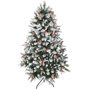 HOMCOM Albero di Natale Innevato 180cm con Bacche Rosse e Pigne Bianche, Base Rimovibile Pieghevole, 678 Rami, Verde