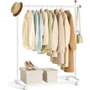 SONGMICS HOME Stand Appendiabiti, Attaccapanni in Metallo con Ruote, 1 Barra Appendiabiti, Ganci a Forma di Fiammifero, Bianco Opaco HSR170W01