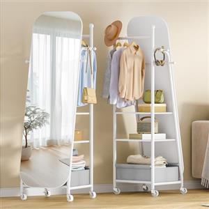 Hzuaneri Specchi da Terra, Specchio da trucco con Appendiabiti, 160 x 50 cm, Ruote Girevoli a 360°, Large mirror con Contenitore e Ganci, Adatto per Camera da Letto, Guardaroba, Soggiorno, Bianco