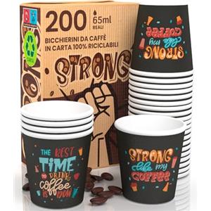 Eurocali 200 Bicchierini in Carta per caffè 65ml StrongLifeCUP Bicchieri Ecologici Biodegradabili e Monouso Piccoli Asporto Bevande Calde