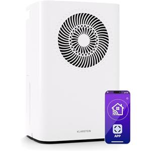 Klarstein CircleDry 12L Deumidificatore Portatile, Wi-Fi App, Silenzioso 38dB, Timer 24h, Drenaggio Continuo, Controllo Umidità, per Casa & Ufficio, Stanze fino a 24m², Bianco