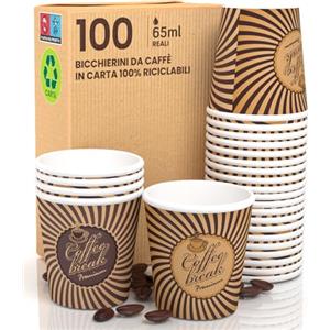 Eurocali 100 Bicchierini in Carta per caffè 65ml VintageCUP Bicchieri Ecologici Biodegradabili Monouso Piccoli Asporto Bevande Calde