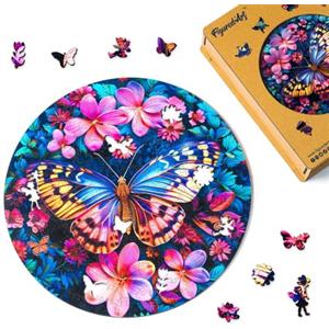 Figured'Art Puzzle in Legno di Animali per Adulti e Bambini, 200 Pezzi - Farfalla con Fiori - Design Originale 28,5x28,5 cm Forme Uniche, Confezione Premium in Legno, Idea regalo