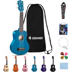 Donner Ukulele Soprano per Principiante Adulto Ukulele Kit da 21 Pollici con Custodia Tracolla Corde Accordatore Plettri Colore Blu