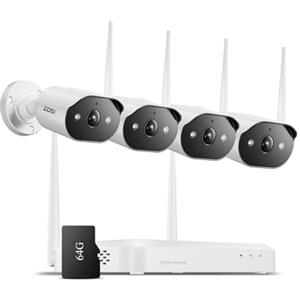 ZOSI 3MP Kit Videosorveglianza WiFi Esterno, 8CH NVR con 4 Telecamere WiFi 6, Scheda di Memoria da 64GB, Audio a 2 Vie, Rilevamento Persone AI, Visione Notturna a Colori, C302