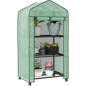 Outsunny Mini Serra da Giardino con Copertura in PE e 3 Ripiani, Serra da Balcone con Ruote e Porta Avvolgibile, 69x49x130cm, Verde