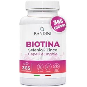 Bandini® Biotina per Capelli, Unghie e Pelle, Integratore con Selenio, Zinco e Vitamine, Crescita del Capello e Anticaduta, 365 Compresse, Alto Dosaggio e Assorbimento, 1 Anno di Trattamento Completo