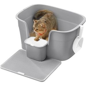 Feandrea Lettiera per Gatti in Casa, Extra Larga con Lati Rialzati, con Tavola Raccogli Lettiera, Scatola Portaoggetti, Paletta, per Più Gatti di Taglia Grande, Grigio Tortora PPT003G01