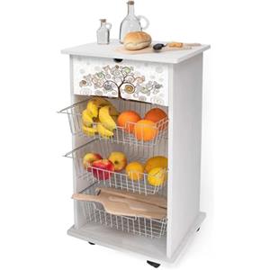 Lupia - Carrello Cucina Multifunzione Bianco TREE WHITE, Portafrutta Ruote Piroettanti, Piano di Appoggio, tre Cestelli Estraibili in Acciaio, Legno 40X45H85 cm montato
