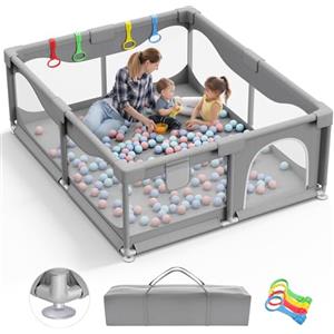 Sarr Klith Box Bambini 200 x 180 x 68 cm, Recinto per Bambini Grande con Base a Ventosa, Tessuto Oxford 300D, Facile da Montare e da Pulire, Box Neonato - Senza Tappeto & Palline, Grigio