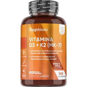 WeightWorld Vitamina D3 K2 2000 UI - 365 Compresse, 200µg di Menachinone, Senza Glutine, Supporto per Ossa Normali
