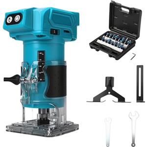 Roadtime Router cordless compatibile con batteria Makita da 18 V (senza batteria), trimmer per legno senza spazzole da 800 W con 10000-30000 giri/min a 5 velocità, guida dritta e 15 punte di fresatura, router