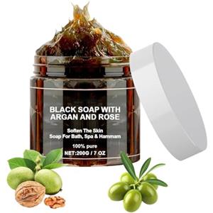 Myluatye Morocco Black Soap,Sapone Nero Marocco con Argan e Rose,Sapone Nero Marocchino Organico,Scrub Corpo Sapone,Soap Esfoliante Saponetta Nera,Pulisce in Profondità la Pelle,200g