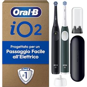 Oral-B iO 2 DUO Spazzolino Elettrico Oral B, Nero e Verde, 2 Testine Di Ricambio e Spazzolini, Custodia Da Viaggio, Porta Ricarica Da Viaggio. Delicato sulle Gengive, Sensore di Pressione