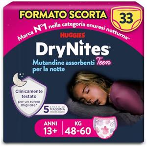 Huggies Drynites Pannolini Bambina, Taglia XL (48-60 Kg), Mutandine assorbenti, 13-19 anni, 33 Pz