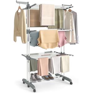 SONGMICS Stendibiancheria, Stendino Pieghevole a 4 Livelli, con Ruote e Ali Richiudibili, 63,5 x 125,5 x 173 cm, Capiente, Uso Interno ed Esterno, Bianco Nuvola e Grigio Tortora LLR703WZ02