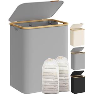 SONGMICS Cesto Portabiancheria con Coperchio a 2 Scomparti, Cesta per Bucato, 130L, Sacco Rimovibile, Tessuto Oxford, Manici di Bambù Pieghevole, 52 x 38,5 x 70,5 cm, Grigio Tortora LCB513G01