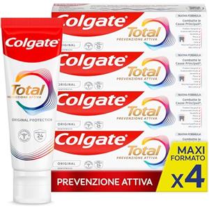 Colgate Dentifricio con Ingredienti Antibatterici Total Original 4 Confezioni da 100 ml I 24h di Protezione di Denti, Lingua, Guance e Gengive I Rimuove la placca I Rafforza e Ripara lo smalto**