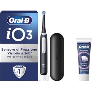 Oral-B Spazzolino Elettrico Ricaricabile iO 3 Nero, 1 Spazzolino Elettrico, 1 Testina Di Ricambio, Custodia Da Viaggio + Dentifricio Oral-B Advanced Protezione Gengive, Pulizia Denti Efficace