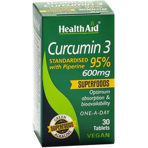Healthaid Italia Curcumin 3 - Integratore alimentare con curcuma e piperina, 30 compresse, per articolazioni e antiossidante