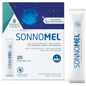 PromoPharma Sonnomel - Integratore per Dormire con Melatonina Liposomiale ed Esosomi Vegetali - Favorisce il Sonno, il Rilassamento e previene i Risvegli Notturni - Utile per Jet Lag - 20 Stick da 10 ml