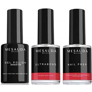 Mesauda Milano MESAUDA Originale Kit Gel Polish Semipermanente Unghie 4pz - Base & Top, Nail Prep, Ultrabond Primer Sgrassatore 14ml + Omaggio Semipermanente 10ml