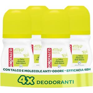 Borotalco, Deodorante Roll-On Attivo Giallo, Talco con Molecole Anti-Odore, Efficacia Fresca, 48h efficacia, Senza Alcool, Profumo di Cedro e Lime - 4 Pezzi da 50 ml - Esclusiva Amazon