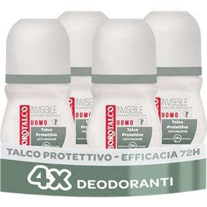 Borotalco, Deodorante Uomo Roll-On Invisibile, con Talco Protettivo, Anti-Macchie, Senza Alcool, Profumo Muschiato, 72h efficacia - 4 Pezzi da 50 ml - Esclusiva Amazon
