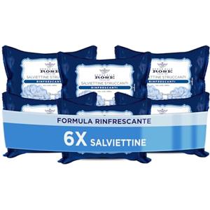 Acqua alle Rose, Salviettine Struccanti Rinfrescanti per tutti i Tipi di Pelle, con Acqua Distillata di Rosa Damascena, Azione Struccante su Viso, Occhi e Labbra - 6 Confezioni da 20 Salviettine