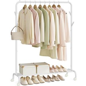 SONGMICS Appendiabiti singolo, struttura in metallo resistente, con ruote e ripiano, portata massima 50 kg, larghezza 103,5 cm, colore: bianco nuvola HSR131W01