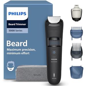 Philips Regolabarba Philips serie 5000 - Lame in metallo autoaffilanti, 40 impostazioni di lunghezza, tecnologia BeardSense, raccoglitore per peli, 100% impermeabile, custodia da viaggio, modello BT5765/15