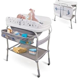 Mobiclinic® kids, Fasciatoio con vaschetta bagnetto 2 in 1, Trendy, Regolabile 4 altezze, Termometro, Ruote freno, Cestini portaoggetti, Fino a 50 kg, Tubo di drenaggio, 0-36 mesi