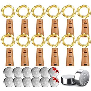 HELESIN 12 Luci per Bottiglie x 2m x 20 LED con 12 Batterie di Ricambio, 12 Stringhe Decorative con 20 LED per Natale e Feste (Bianco Caldo)