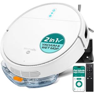 SereneLife Robottino Aspira e Lava Pavimenti, Robot Aspirapolvere, Controllo App, 3 Modalità, Sensori Anti-Caduta, Auto-Ricarica, Ideale per Pelo Animali e Pavimenti Duri, Bianco