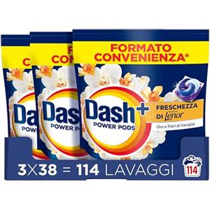 Dash Power Pods Detersivo Lavatrice In Capsule, 114 Lavaggi (38x3), Freschezza Di Lenor, Oro e Fiori di Vaniglia, Freschezza che dura 7 Giorni, Pulizia Impeccabile